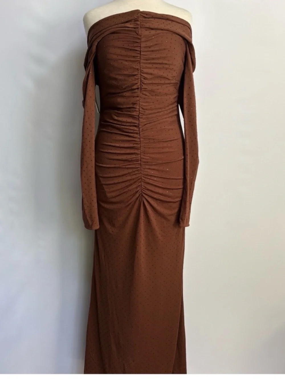 Anthro  Bardot Artura Diamante Fitted Off shoulder Ruched Maxi Dress Event Dates - Picture 8 of 15